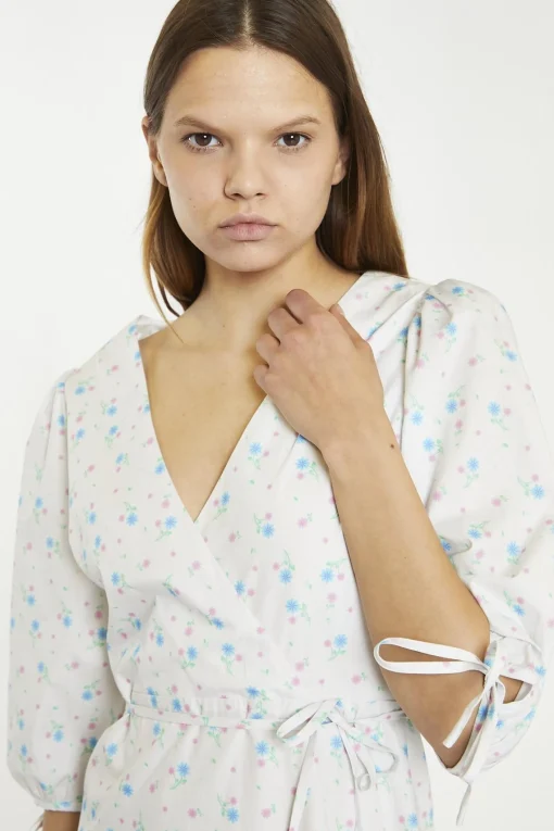 Glamorous Day Dresses|Mini Dresses|White-Blue-Pink Ditsy Wrap Tie Mini-Dress -