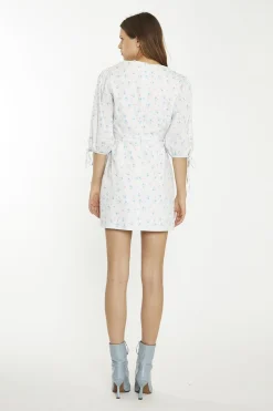 Glamorous Day Dresses|Mini Dresses|White-Blue-Pink Ditsy Wrap Tie Mini-Dress -