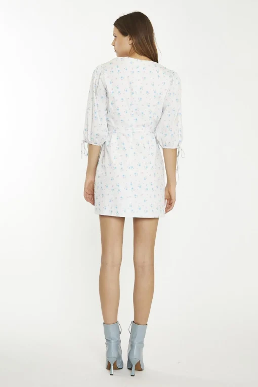 Glamorous Day Dresses|Mini Dresses|White-Blue-Pink Ditsy Wrap Tie Mini-Dress -