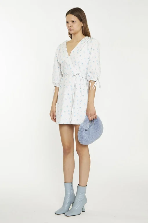 Glamorous Day Dresses|Mini Dresses|White-Blue-Pink Ditsy Wrap Tie Mini-Dress -