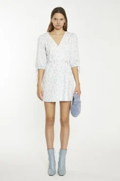 Glamorous Day Dresses|Mini Dresses|White-Blue-Pink Ditsy Wrap Tie Mini-Dress -