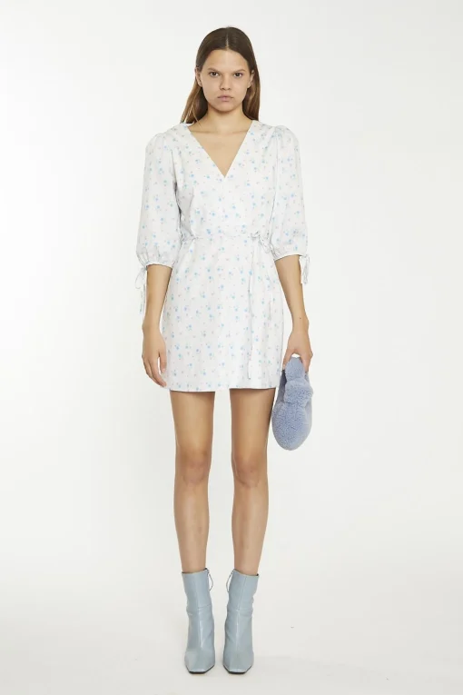Glamorous Day Dresses|Mini Dresses|White-Blue-Pink Ditsy Wrap Tie Mini-Dress -