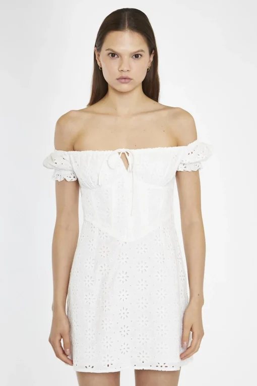 Glamorous Day Dresses|Mini Dresses|White-Broderie Bardot Corset Mini-Dress -