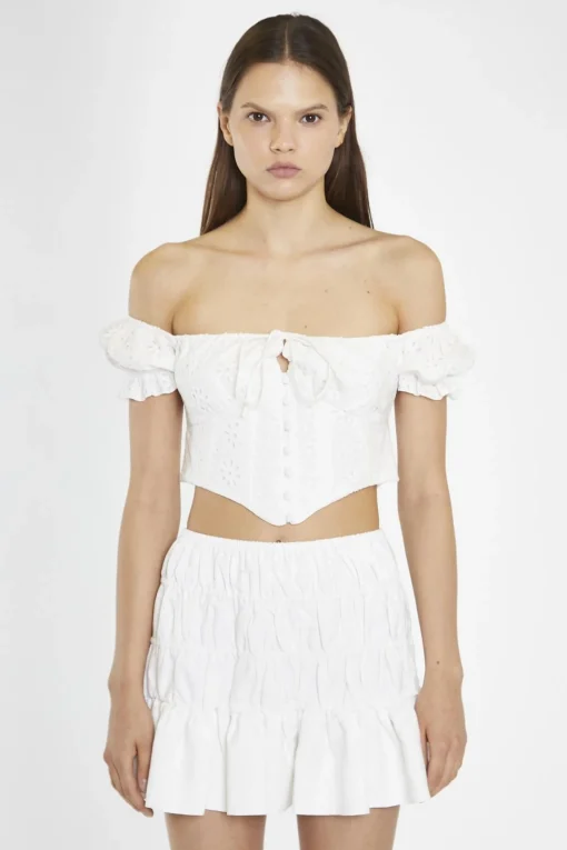 Glamorous Chic Escapes|Crops, Corsets & Bodysuits|White-Broderie Bardot Corset-Top -