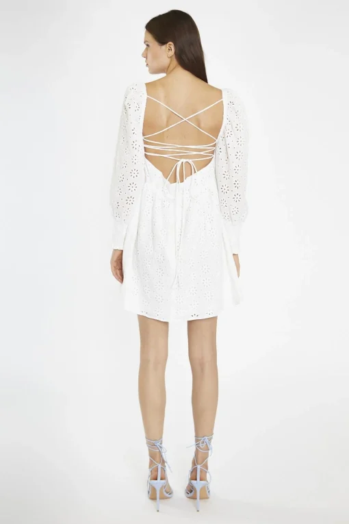 Glamorous Day Dresses|Mini Dresses|White-Broderie Lace-Up Corset Mini-Dress -