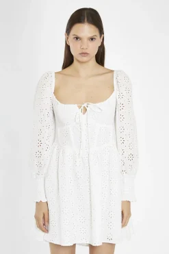 Glamorous Day Dresses|Mini Dresses|White-Broderie Lace-Up Corset Mini-Dress -