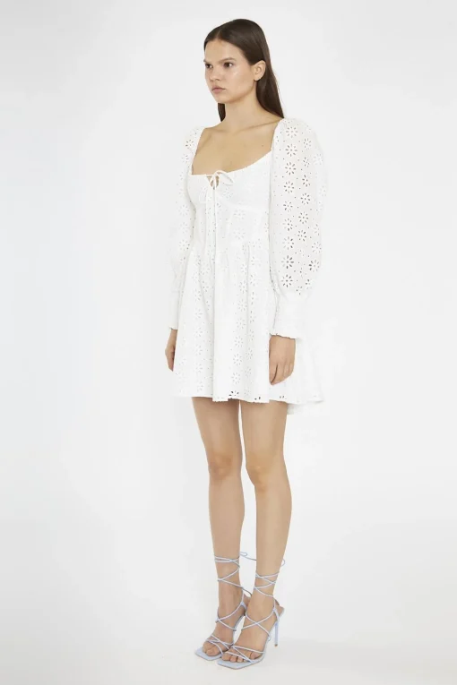 Glamorous Day Dresses|Mini Dresses|White-Broderie Lace-Up Corset Mini-Dress -