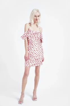 Glamorous Mini Dresses|Mini Dresses|White-Diagonal-Floral Bardot Mini-Dress -