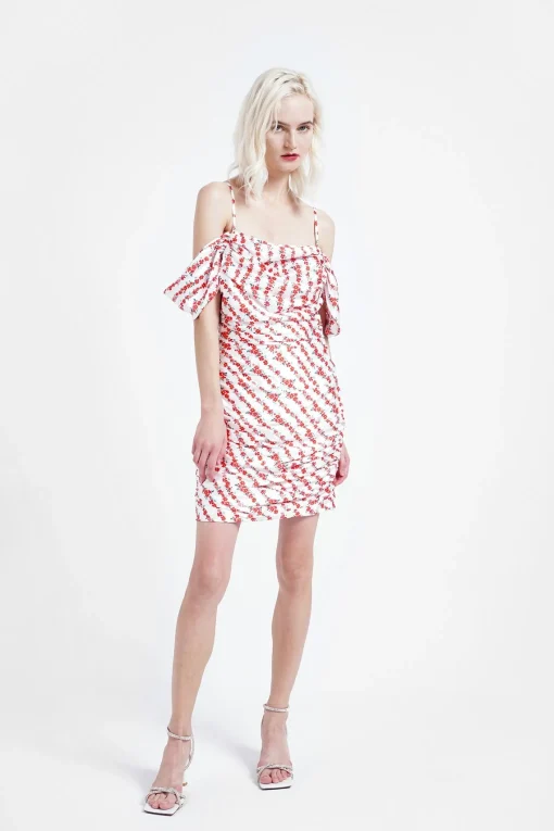 Glamorous Mini Dresses|Mini Dresses|White-Diagonal-Floral Bardot Mini-Dress -