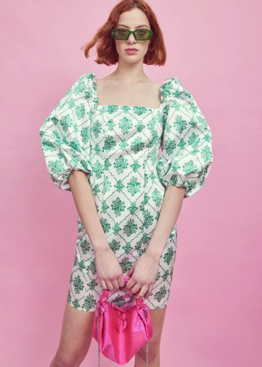 Glamorous Mini Dresses|Mini Dresses|White-Green Damask Puff Sleeve Mini Dress -