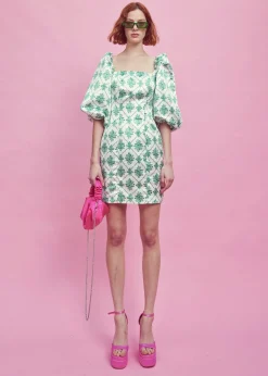 Glamorous Mini Dresses|Mini Dresses|White-Green Damask Puff Sleeve Mini Dress -