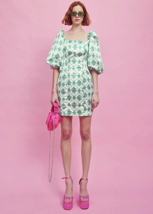 Glamorous Mini Dresses|Mini Dresses|White-Green Damask Puff Sleeve Mini Dress -
