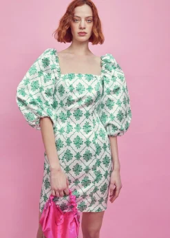 Glamorous Mini Dresses|Mini Dresses|White-Green Damask Puff Sleeve Mini Dress -
