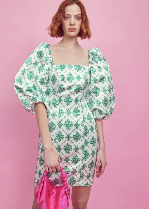 Glamorous Mini Dresses|Mini Dresses|White-Green Damask Puff Sleeve Mini Dress -
