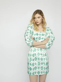 Glamorous Mini Dresses|Mini Dresses|White-Green Damask Puff Sleeve Mini Dress -