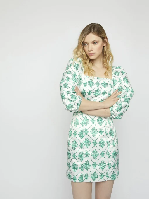 Glamorous Mini Dresses|Mini Dresses|White-Green Damask Puff Sleeve Mini Dress -