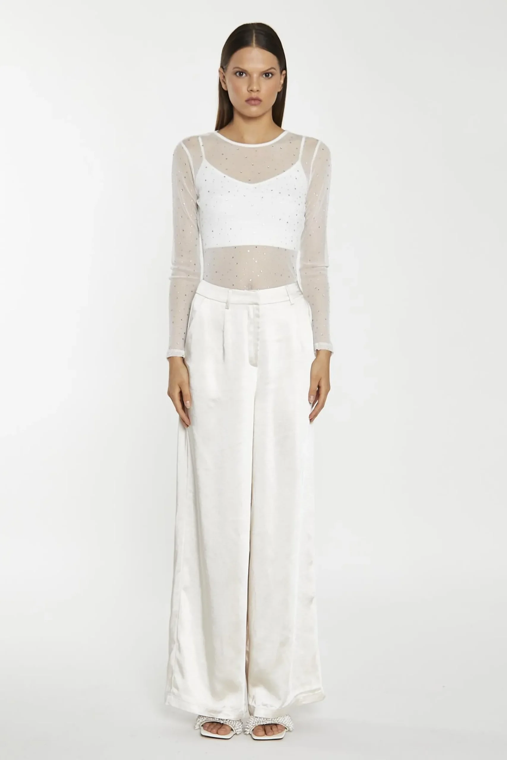 Glamorous Going Out Tops|Go To Partywear|White-Mesh Diamante Classic-Bodysuit -