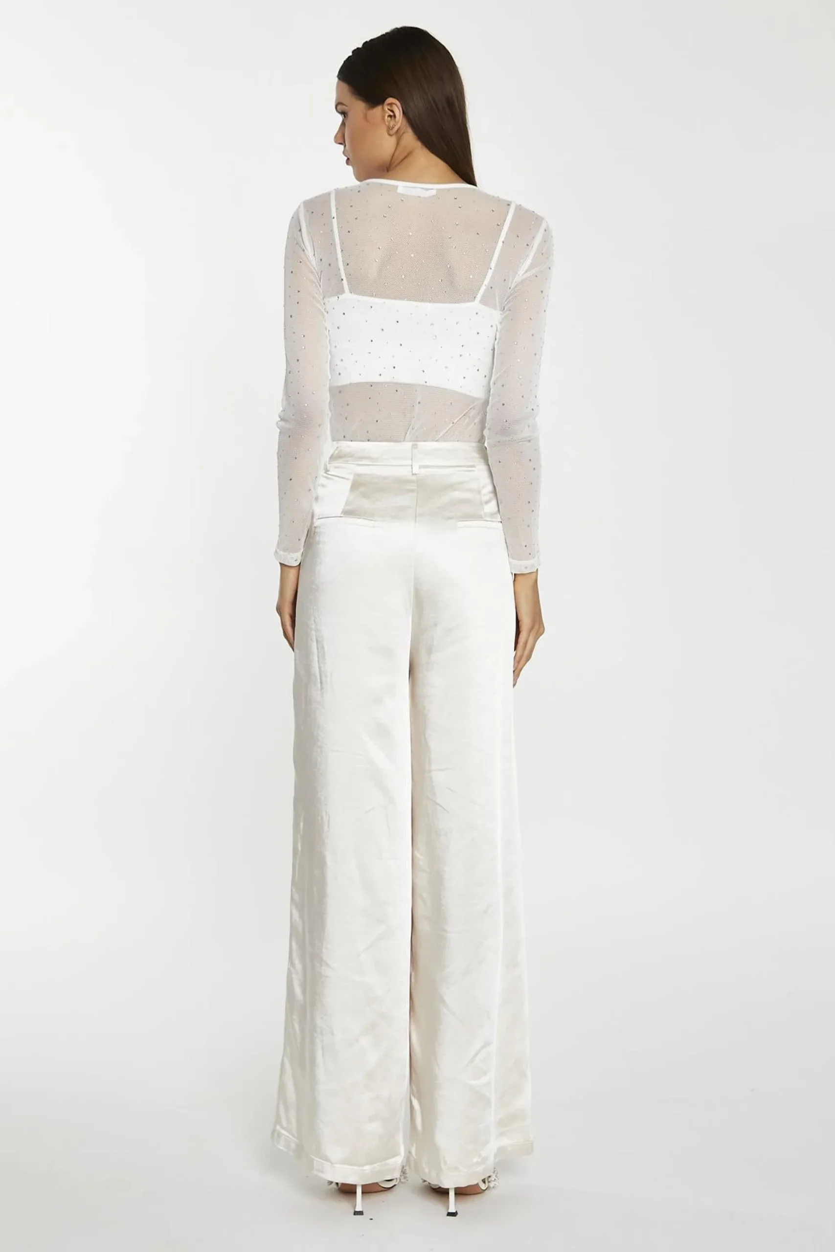 Glamorous Going Out Tops|Go To Partywear|White-Mesh Diamante Classic-Bodysuit -