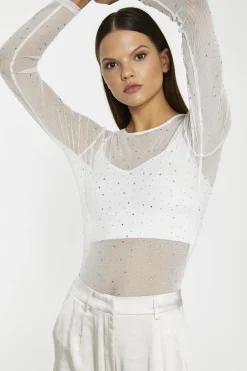 Glamorous Going Out Tops|Go To Partywear|White-Mesh Diamante Classic-Bodysuit -