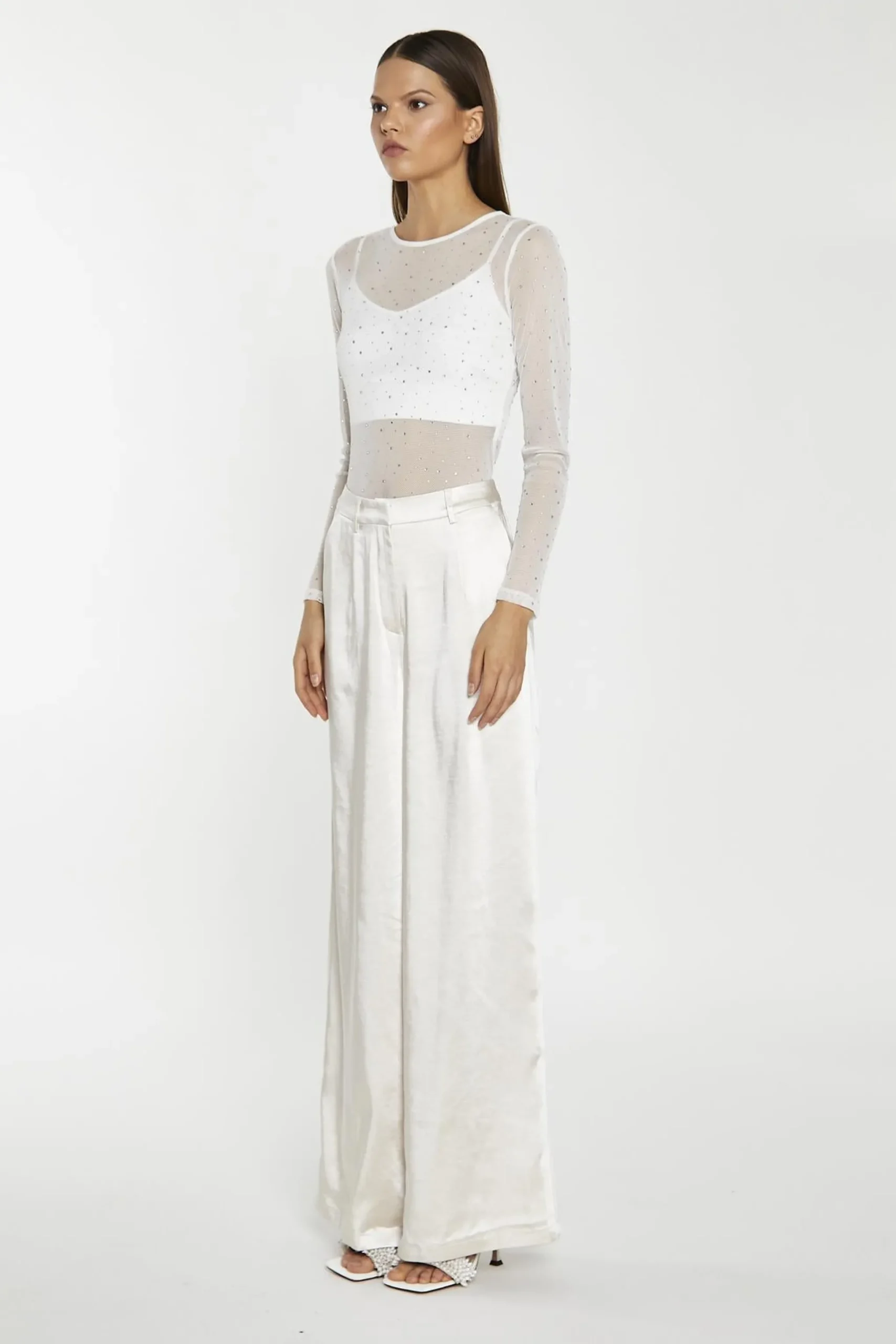 Glamorous Going Out Tops|Go To Partywear|White-Mesh Diamante Classic-Bodysuit -