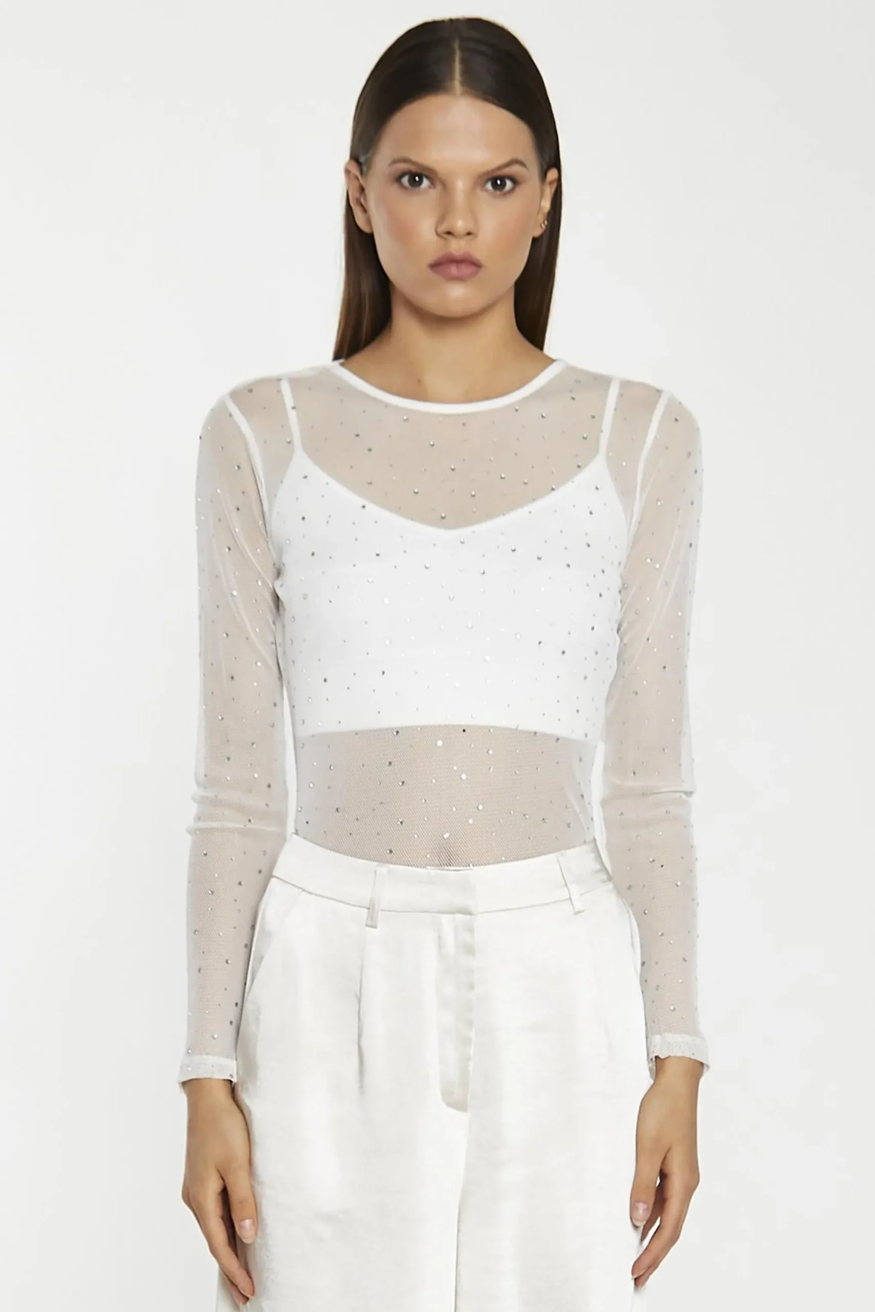 Glamorous Going Out Tops|Go To Partywear|White-Mesh Diamante Classic-Bodysuit -