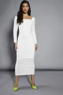 Glamorous Party Dresses|Going Out Dresses|White-Mesh Gathered Maxi-Dress -