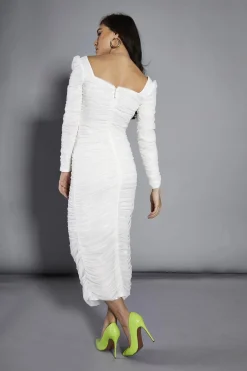Glamorous Party Dresses|Going Out Dresses|White-Mesh Gathered Maxi-Dress -