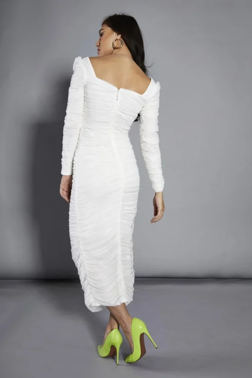 Glamorous Party Dresses|Going Out Dresses|White-Mesh Gathered Maxi-Dress -