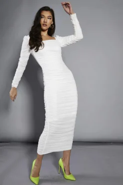 Glamorous Party Dresses|Going Out Dresses|White-Mesh Gathered Maxi-Dress -