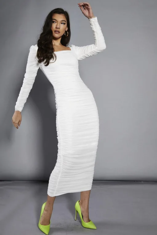 Glamorous Party Dresses|Going Out Dresses|White-Mesh Gathered Maxi-Dress -