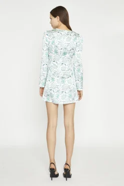 Glamorous Day Dresses|Satin Dresses|White-Mint Paisley Satin Gathered Keyhole Mini-Dress -