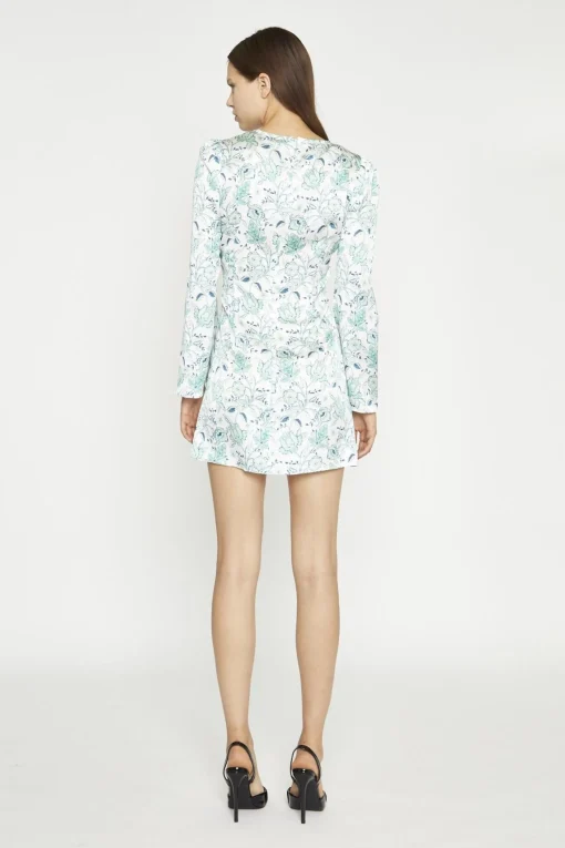 Glamorous Day Dresses|Satin Dresses|White-Mint Paisley Satin Gathered Keyhole Mini-Dress -