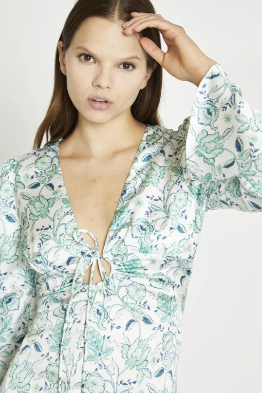 Glamorous Day Dresses|Satin Dresses|White-Mint Paisley Satin Gathered Keyhole Mini-Dress -