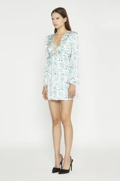 Glamorous Day Dresses|Satin Dresses|White-Mint Paisley Satin Gathered Keyhole Mini-Dress -