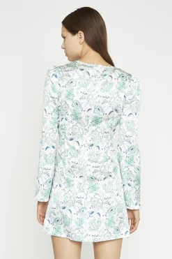 Glamorous Day Dresses|Satin Dresses|White-Mint Paisley Satin Gathered Keyhole Mini-Dress -