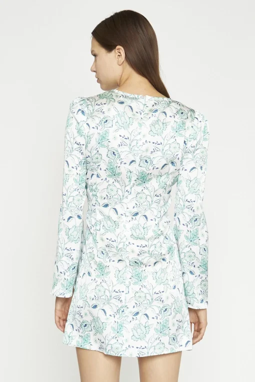 Glamorous Day Dresses|Satin Dresses|White-Mint Paisley Satin Gathered Keyhole Mini-Dress -