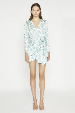 Glamorous Day Dresses|Party Dresses|White-Mint Paisley Satin Wrap Mini-Dress -