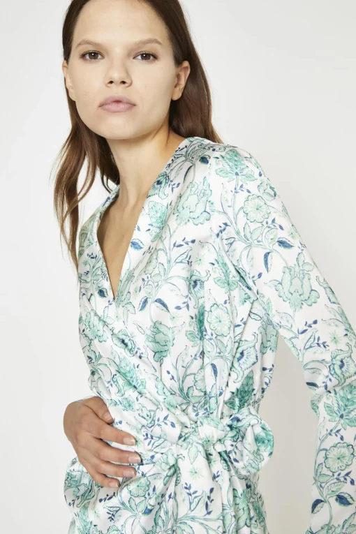 Glamorous Day Dresses|Party Dresses|White-Mint Paisley Satin Wrap Mini-Dress -