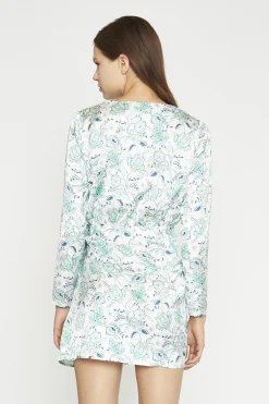 Glamorous Day Dresses|Party Dresses|White-Mint Paisley Satin Wrap Mini-Dress -