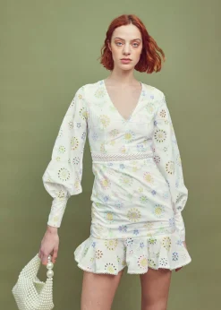 Glamorous Mini Dresses|Mini Dresses|White-Pastel Broderie Long Sleeve Mini Dress -