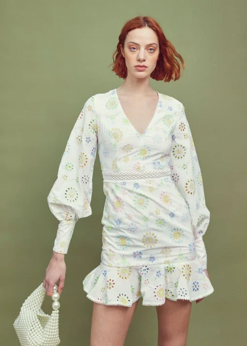 Glamorous Mini Dresses|Mini Dresses|White-Pastel Broderie Long Sleeve Mini Dress -