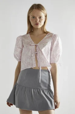 Glamorous Blouses & Shirts|White-Pink Bow Tie-Front Top -