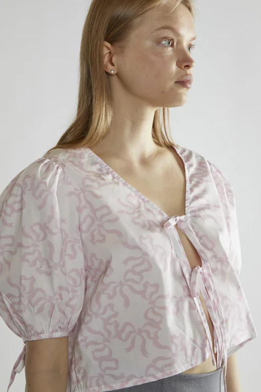 Glamorous Blouses & Shirts|White-Pink Bow Tie-Front Top -