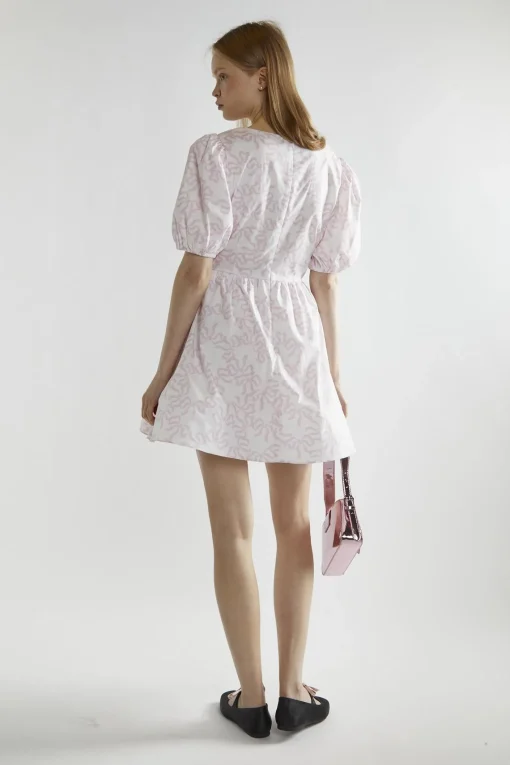 Glamorous Day Dresses|Mini Dresses|White-Pink Bow V-Neck Mini-Dress -