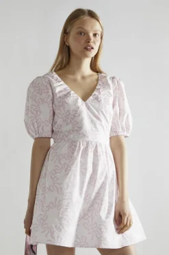 Glamorous Day Dresses|Mini Dresses|White-Pink Bow V-Neck Mini-Dress -
