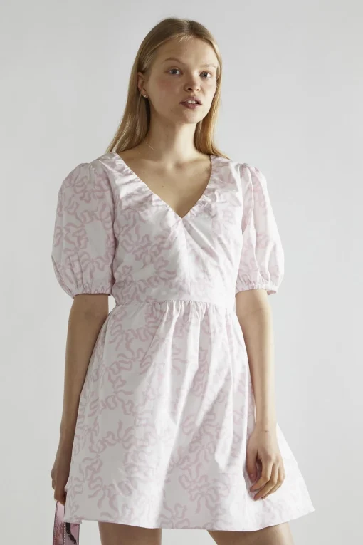 Glamorous Day Dresses|Mini Dresses|White-Pink Bow V-Neck Mini-Dress -