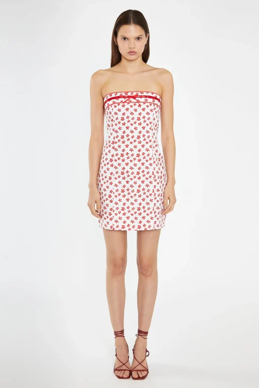 Glamorous Day Dresses|Mini Dresses|White-Red Daisy Fitted Bandeau Mini-Dress -