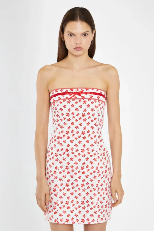 Glamorous Day Dresses|Mini Dresses|White-Red Daisy Fitted Bandeau Mini-Dress -