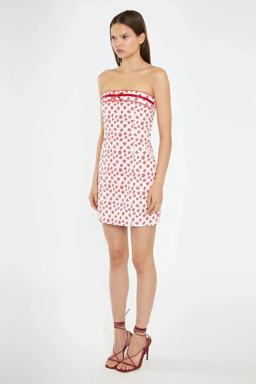 Glamorous Day Dresses|Mini Dresses|White-Red Daisy Fitted Bandeau Mini-Dress -