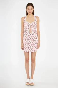 Glamorous Tops & T-shirts|White-Red Daisy Lace Trim Tie-Front-Top -